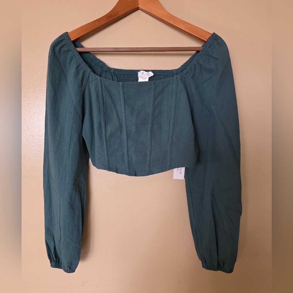 Kirious Los Angeles Green Washed Cotton Crop Top S Square Neck Corset Romantic